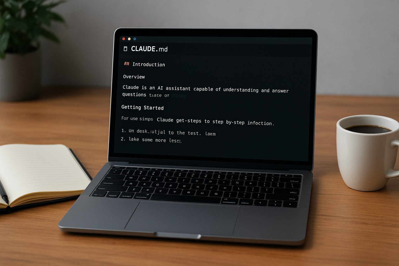 소프트웨어 개발에서 프로젝트 컨텍스트와 AI 협업을 상징하는 CLAUDE.md 파일이 열려 있는 노트북과 노트, 커피 컵이 있는 작업 공간
