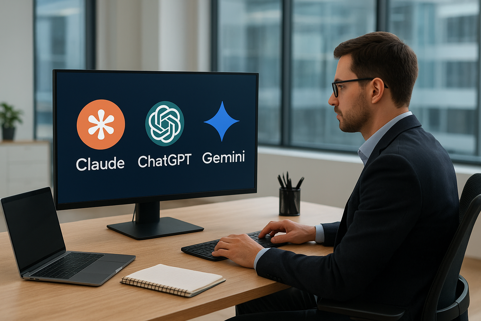 직장인과 프리랜서가 AI 구독 서비스를 비교하는 모습의 실사 이미지