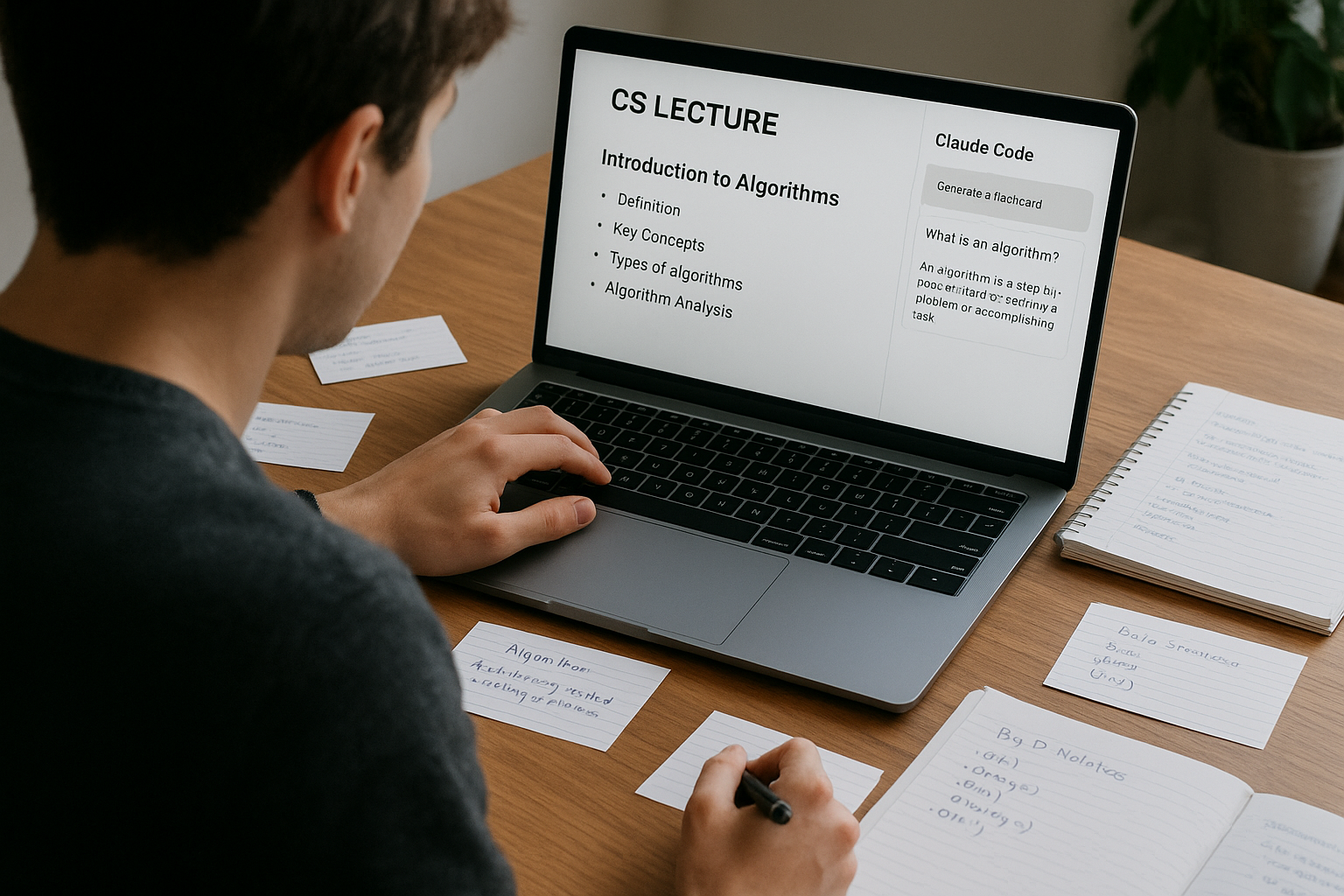CS 강의 복습을 위해 Claude Code를 활용해 플래시카드와 예상 문제를 만드는 학생