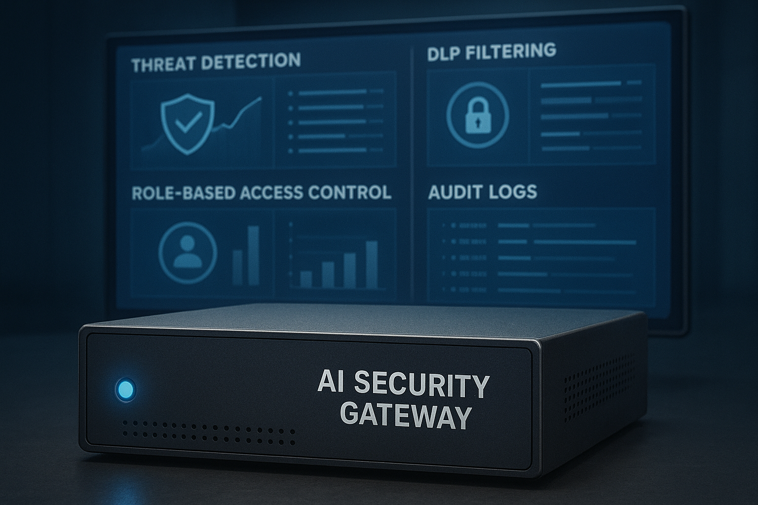 기업 환경에서 위협 탐지, DLP 필터링, 역할 기반 접근 제어, 감사 로그 대시보드를 보여주는 AI 보안 게이트웨이의 디지털 인터페이스