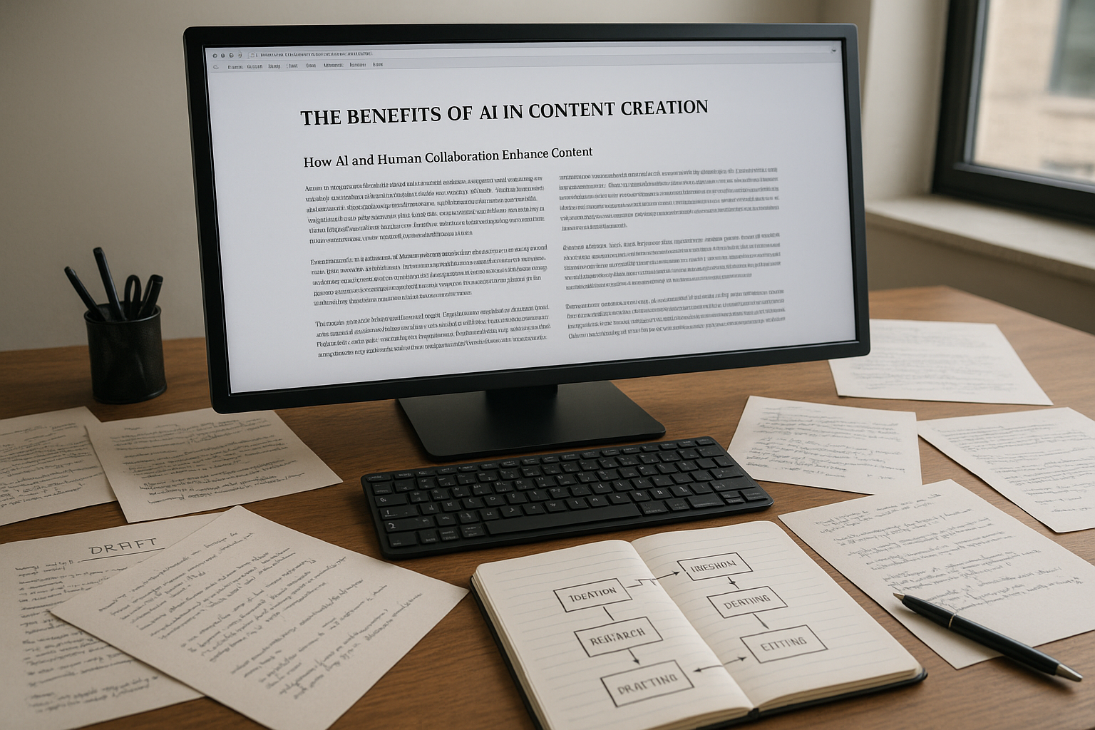 AI와 인간이 협업하여 블로그 글의 초안 작성과 워크플로우를 진행하는 전문 작업 공간의 이미지