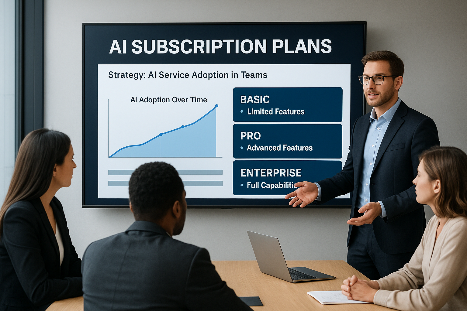 팀 리더가 AI 구독 서비스 전략을 발표하는 모습의 이미지