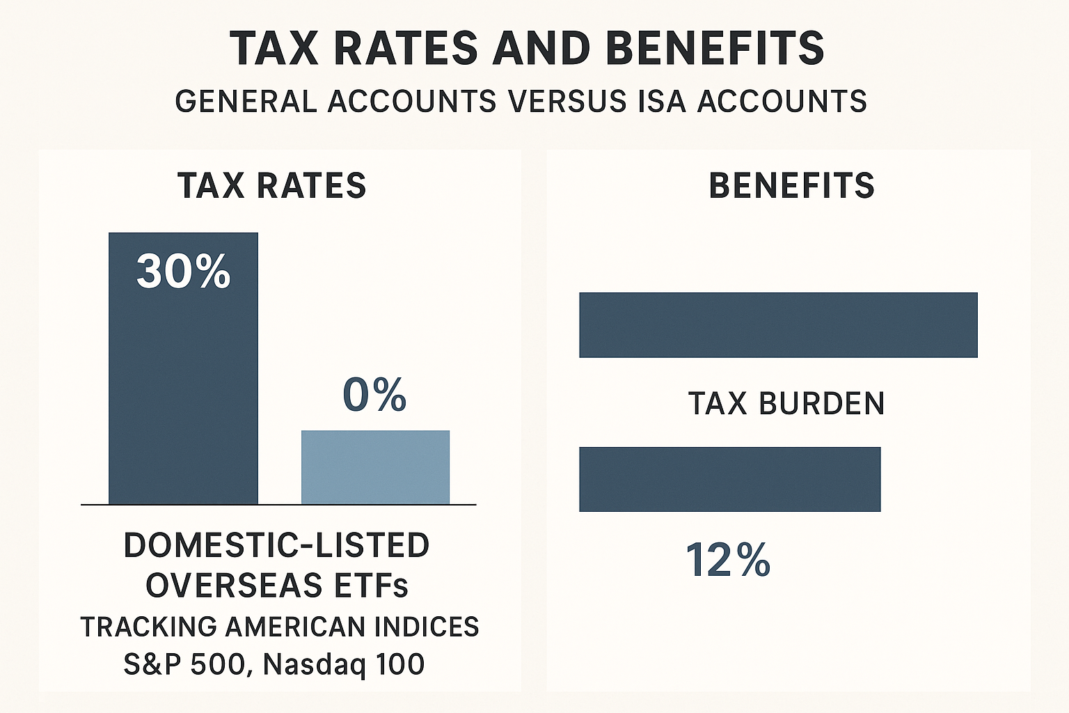 국내 상장 해외 ETF를 중심으로 일반 계좌와 ISA 계좌 간 세금 비교표.