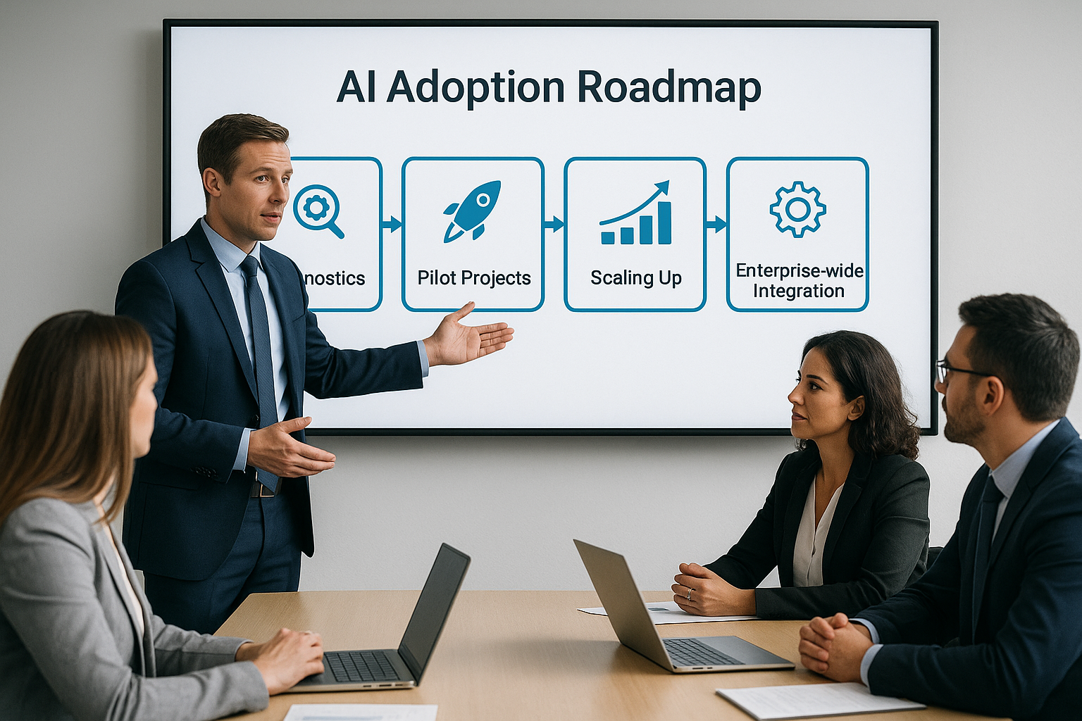 비즈니스 팀이 AI 도입 로드맵을 설명하며 단계별 전략을 토의하는 워크숍 현장