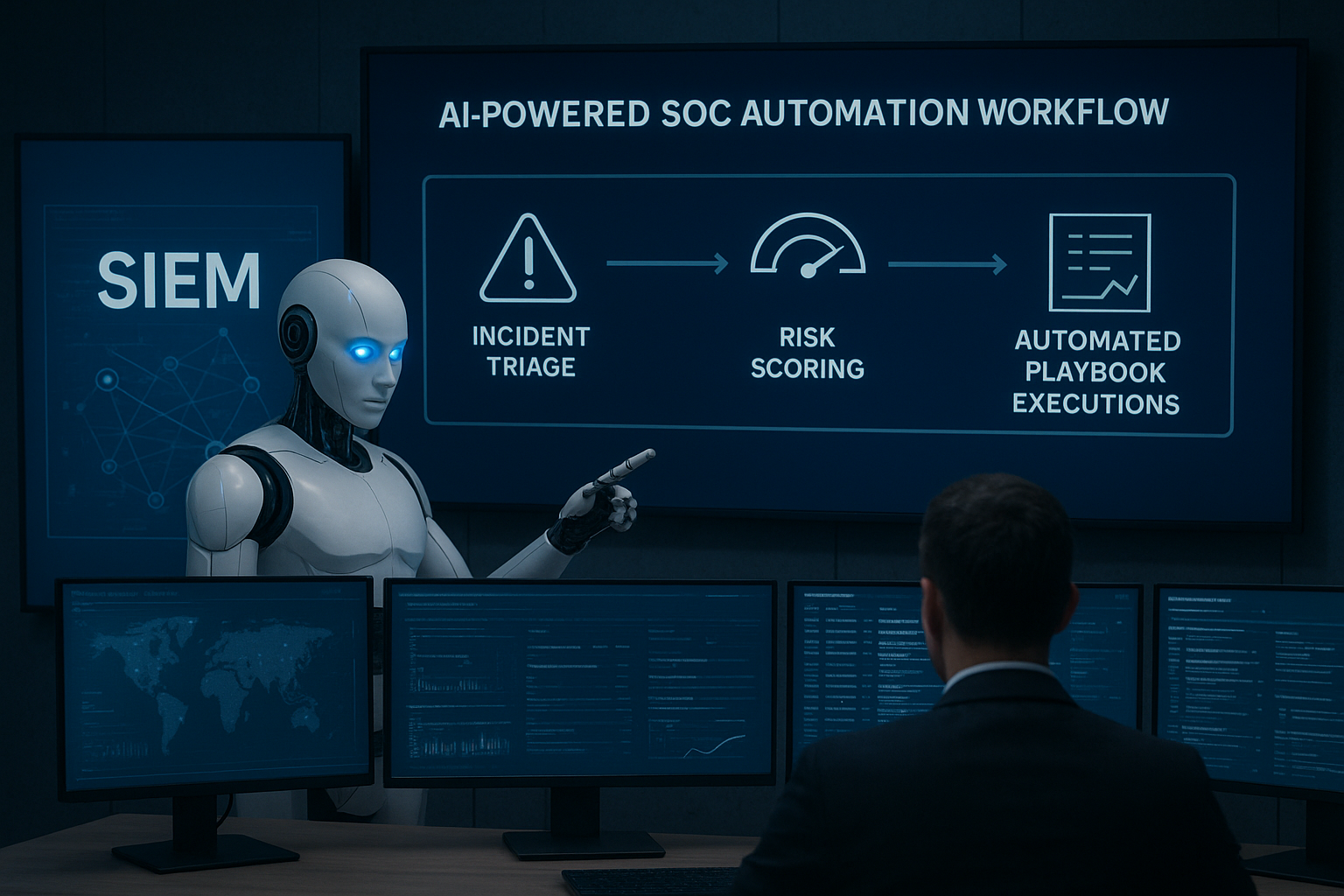 AI 에이전트가 SIEM과 XDR 도구와 상호작용하며 인시던트 트리아지, 리스크 스코어링, 자동 플레이북 실행을 하는 SOC 자동화 작업 모습