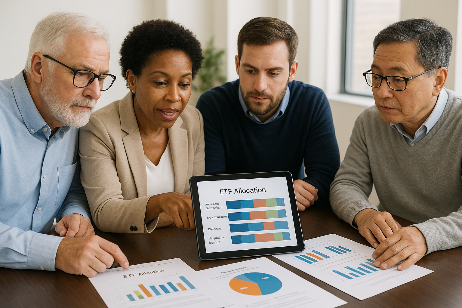 연령별 투자자 유형에 맞춘 ETF 포트폴리오 비중 상담을 하는 다양한 투자자들의 이미지