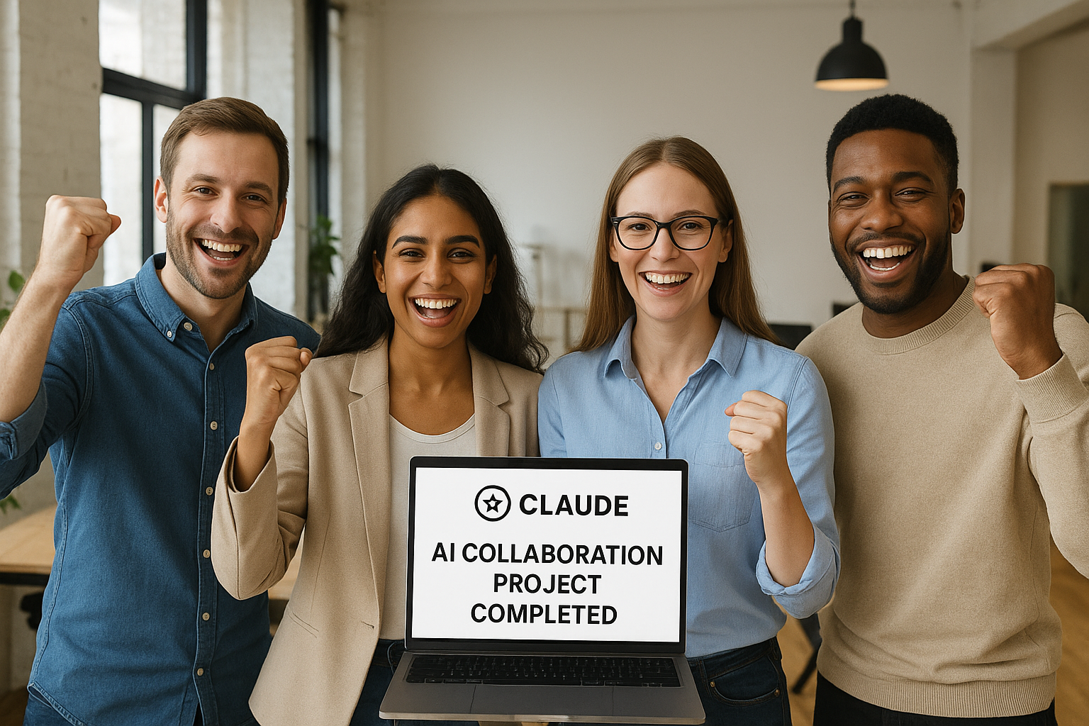 클로드 팀 요금제 도입 후 성공적인 AI 협업 프로젝트를 축하하는 소규모 팀