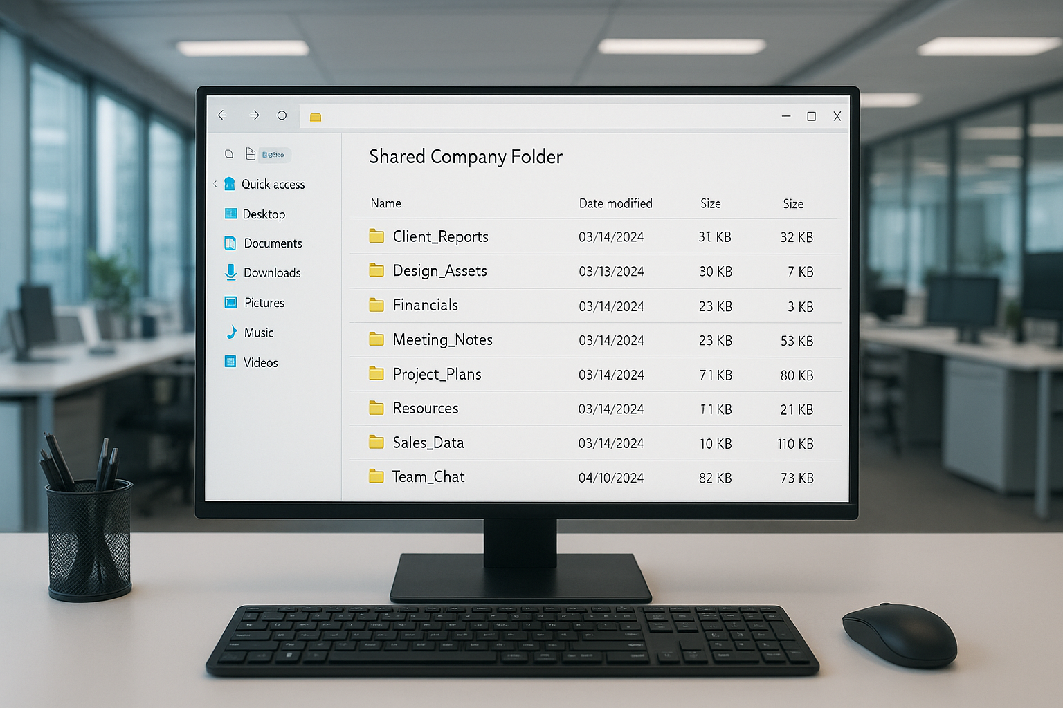 일관된 파일명 규칙으로 정리된 회사 공용 폴더와 깔끔한 디지털 작업 공간