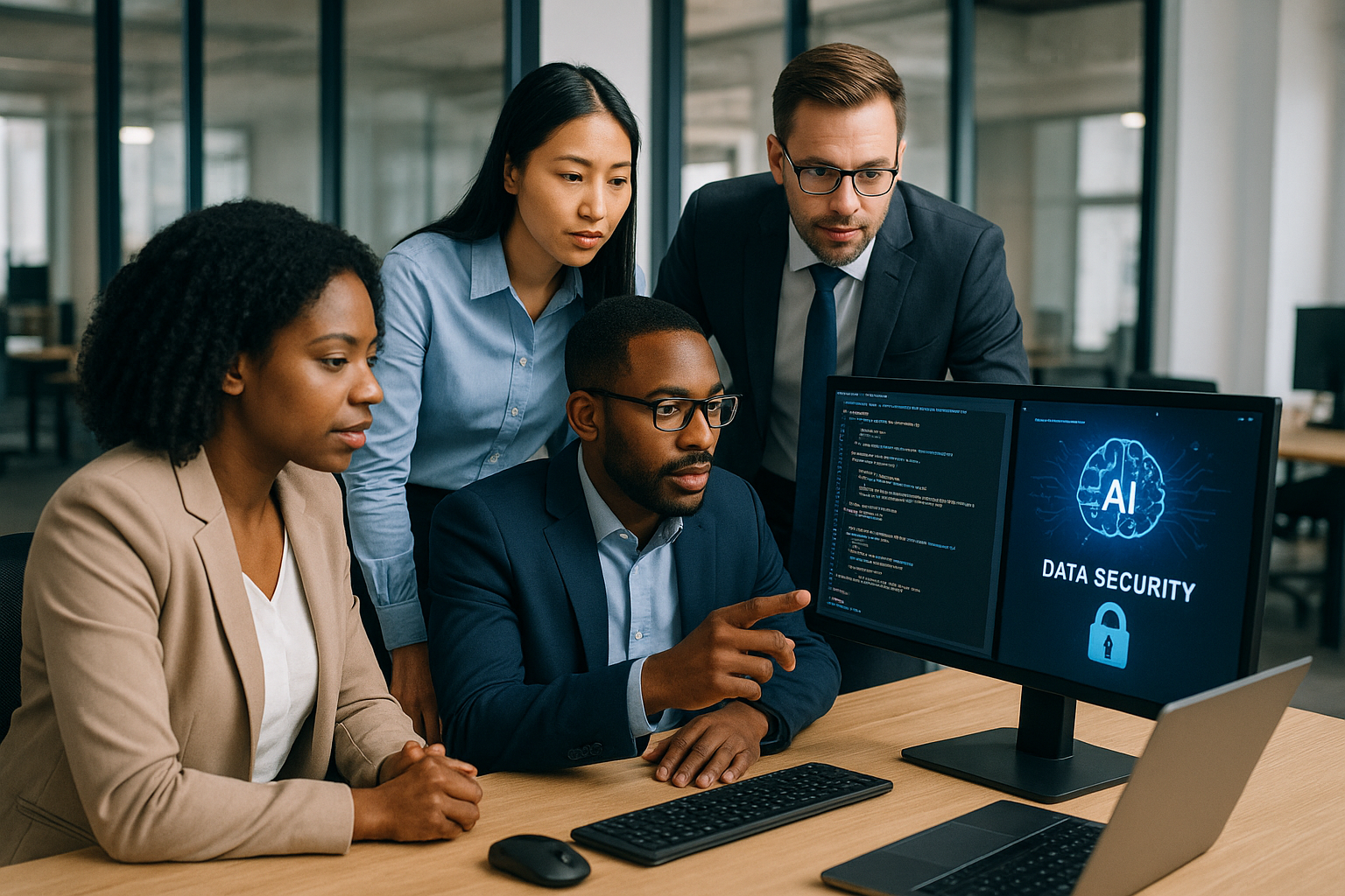 기업 환경에서 코드와 AI 어시스턴트를 사용하여 협업 중인 다양한 전문가들 모습
