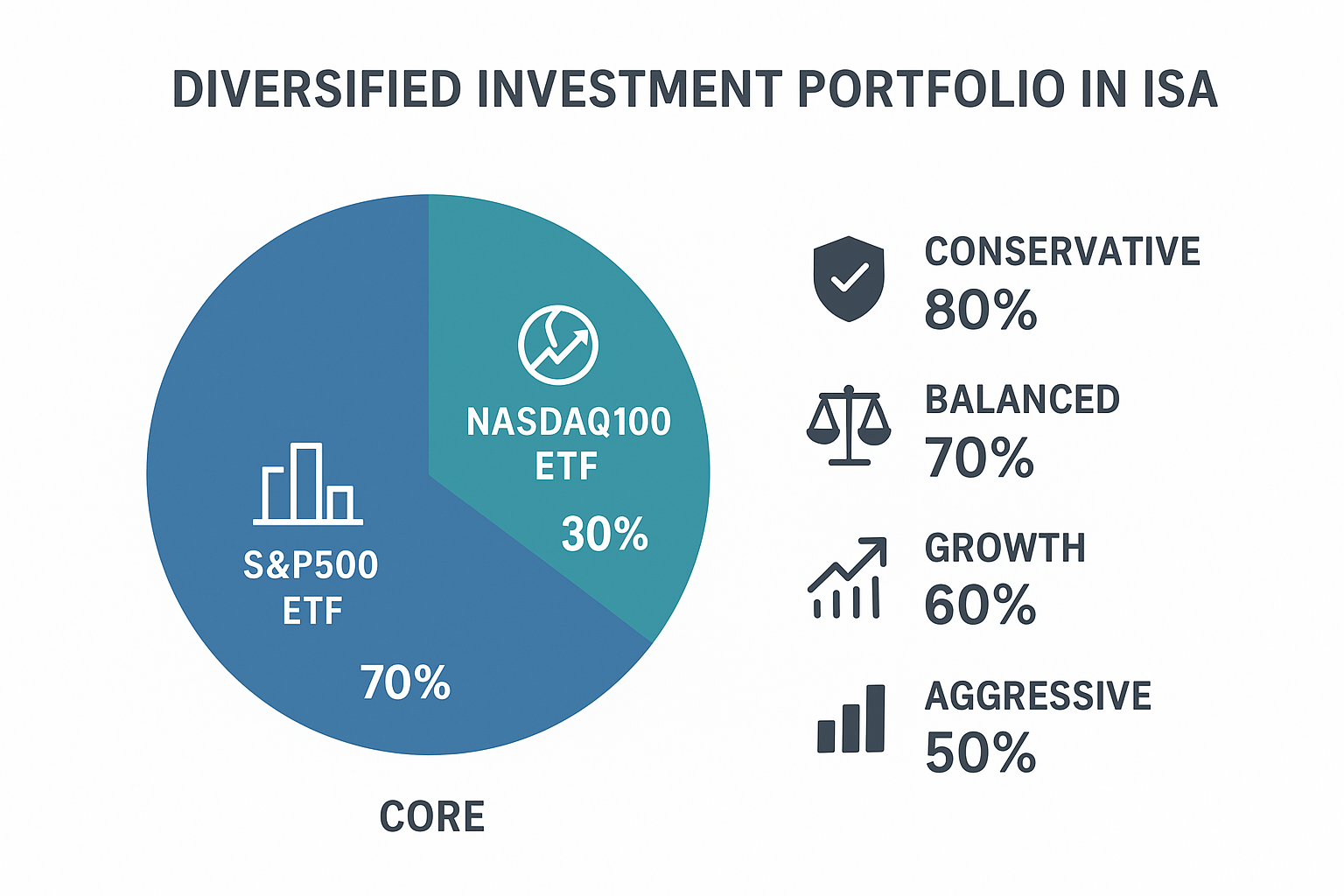 ISA 계좌에서 S&P500 ETF와 나스닥100 ETF를 코어와 위성으로 구성한 포트폴리오 이미지.