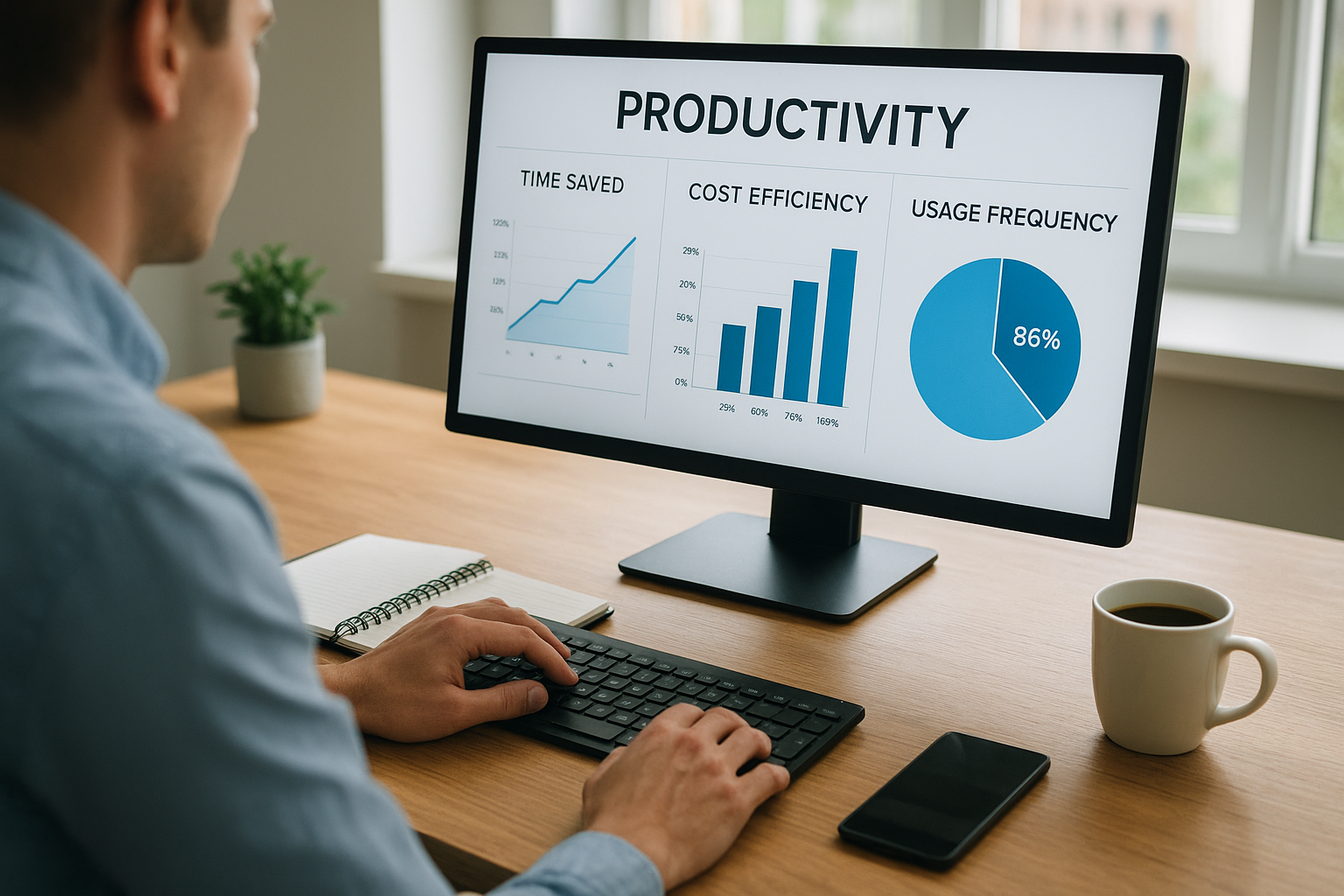 생산성 데이터 및 비용 대비 효과를 평가하는 사람의 모습