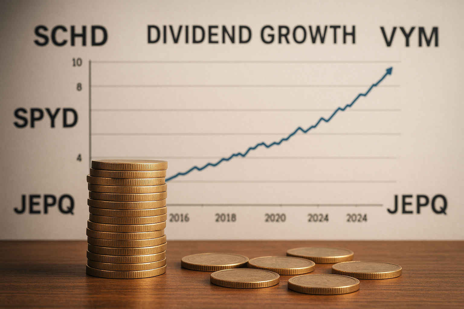 미국 배당 ETF를 상징하는 주식 심볼과 배당 성장 그래프를 배경으로 쌓인 동전 이미지를 표현한 사진