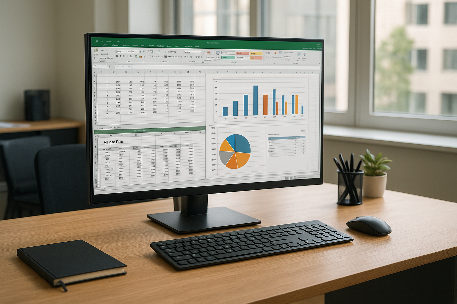 엑셀 작업 자동화와 데이터 병합된 스프레드시트가 보이는 사무실 책상과 컴퓨터 화면