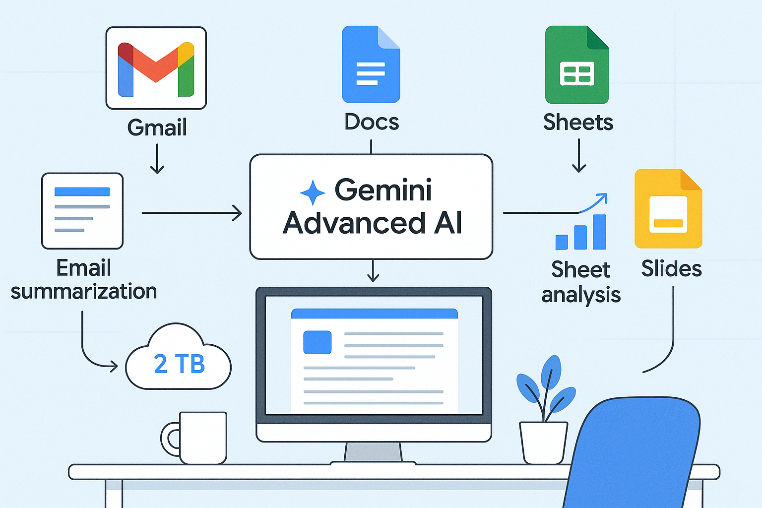 Google Workspace와 연동된 Gemini Advanced AI 기능 및 2TB 저장 공간을 보여주는 개념적 이미지