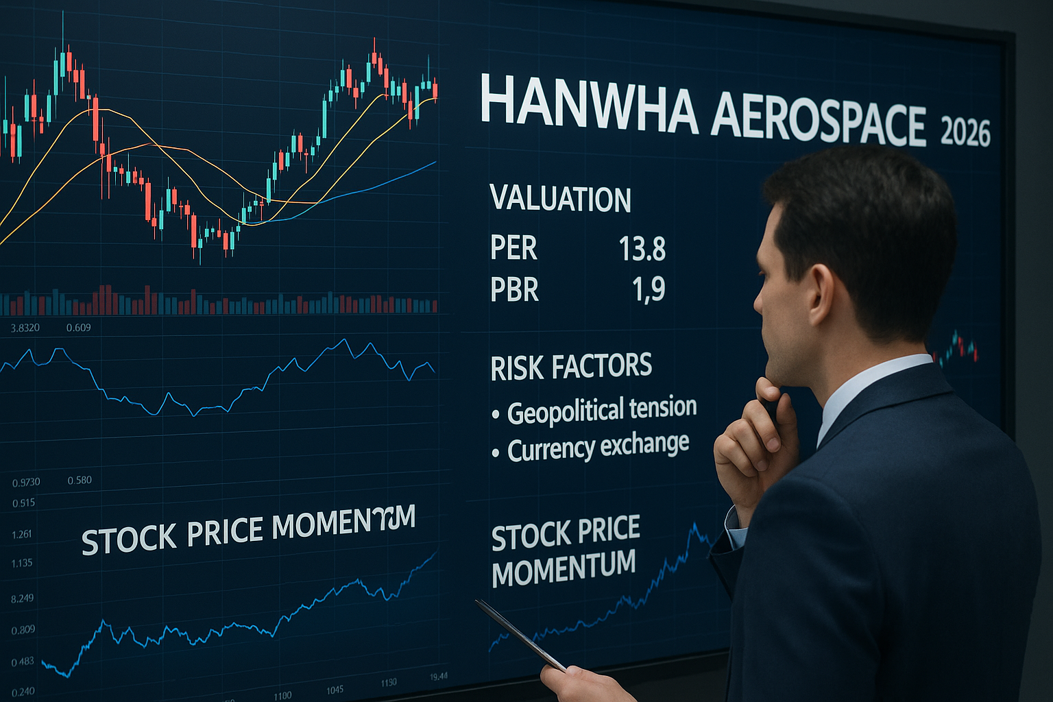 한화에어로스페이스 주가 전망의 밸류에이션, 모멘텀과 리스크를 분석하는 주식 투자 이미지