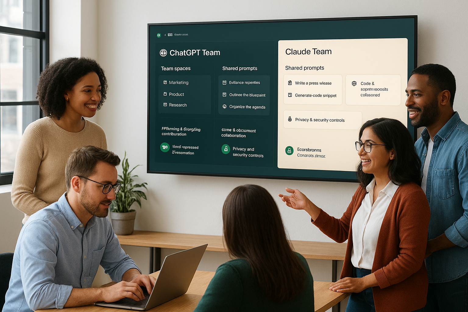 ChatGPT Team과 Claude Team 요금제의 팀 협업과 관리 기능을 보여주는 사무실 장면