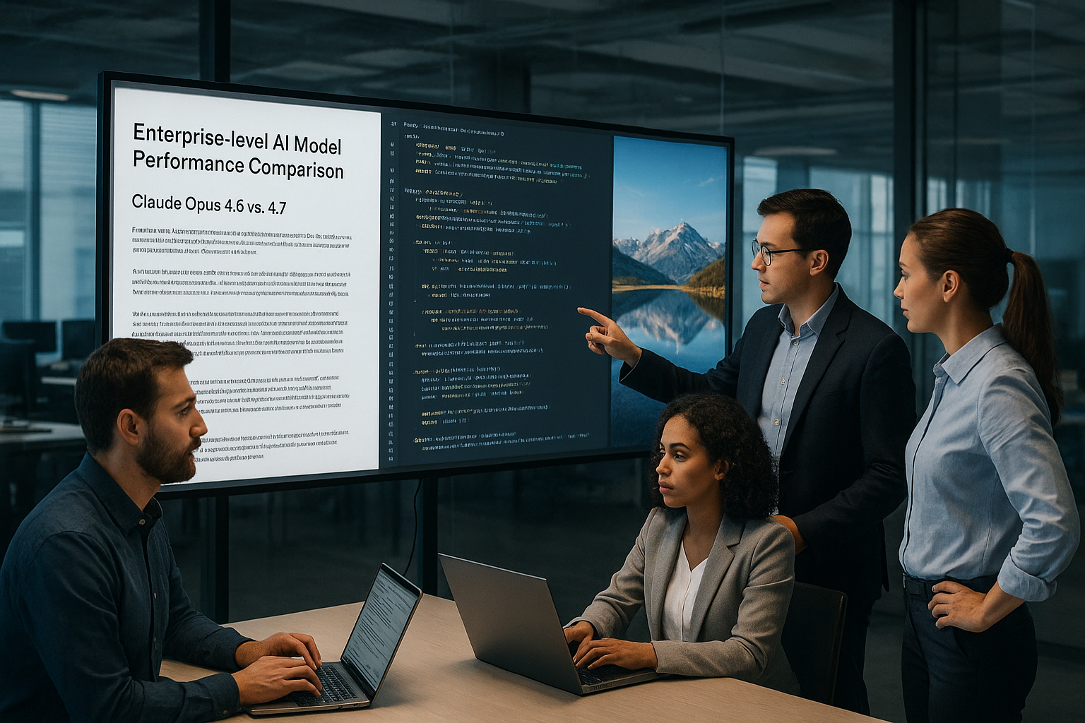 클로드 옵스 4.6과 4.7의 기업용 AI 모델 성능 비교를 나타내는 전문직 협업 및 디지털 화면 이미지