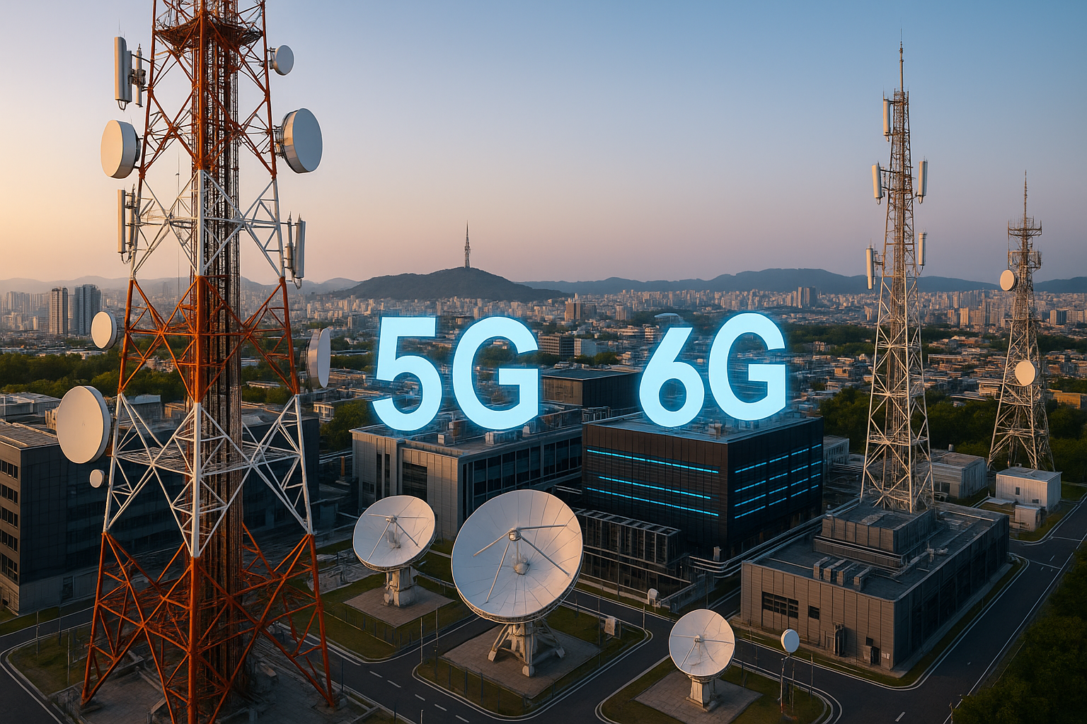한국의 5G 및 6G 통신 인프라의 첨단 기지국과 위성 통신 시설