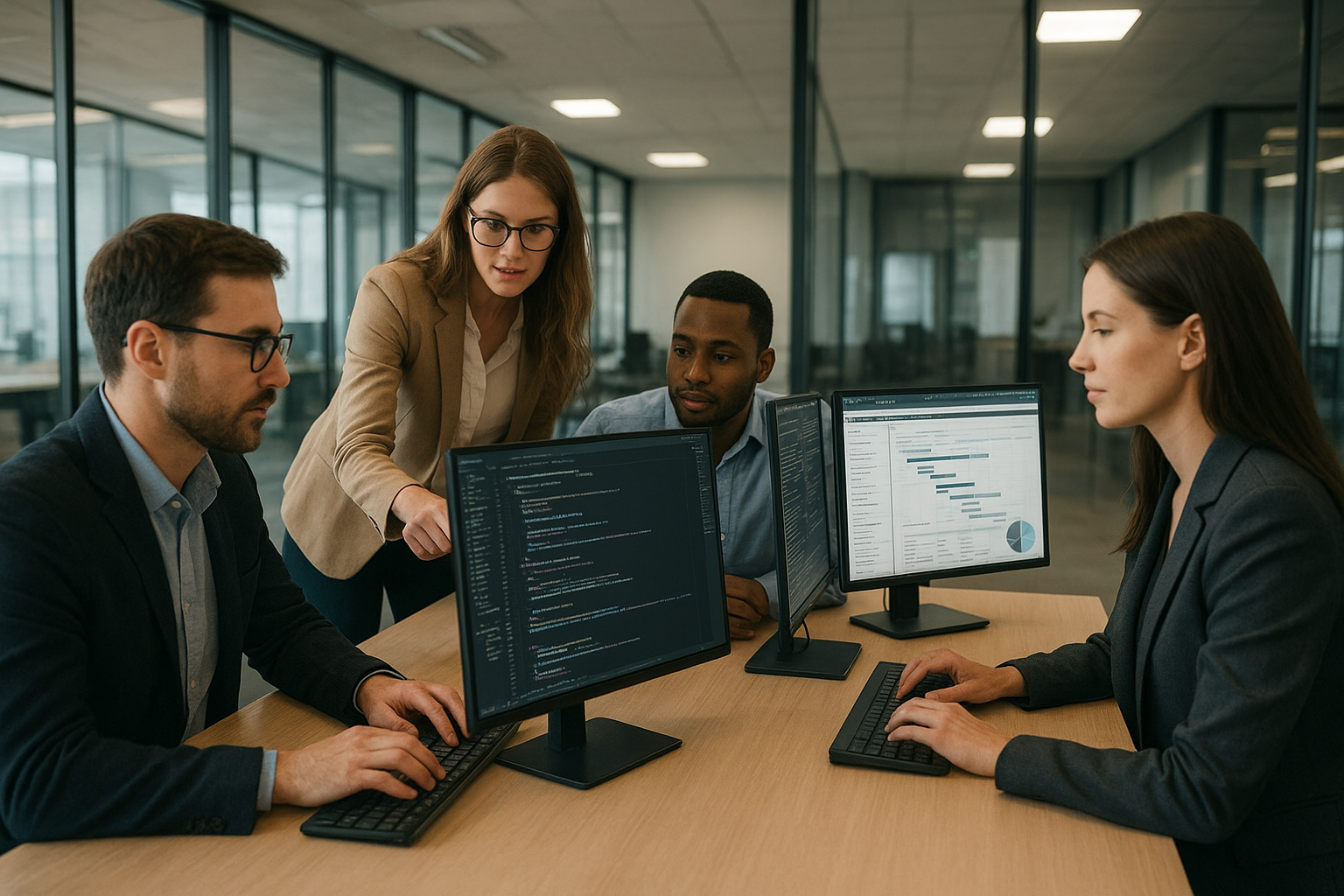 장기 프로젝트 협업과 복잡한 업무 흐름을 나타내는 사무실 내 AI 기반 도구 사용 장면