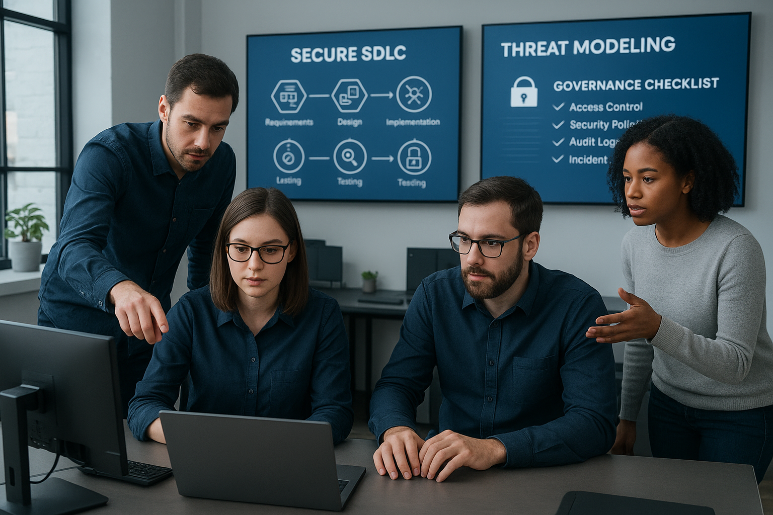 안전한 소프트웨어 개발 및 위협 모델링에 협력하는 개발자들