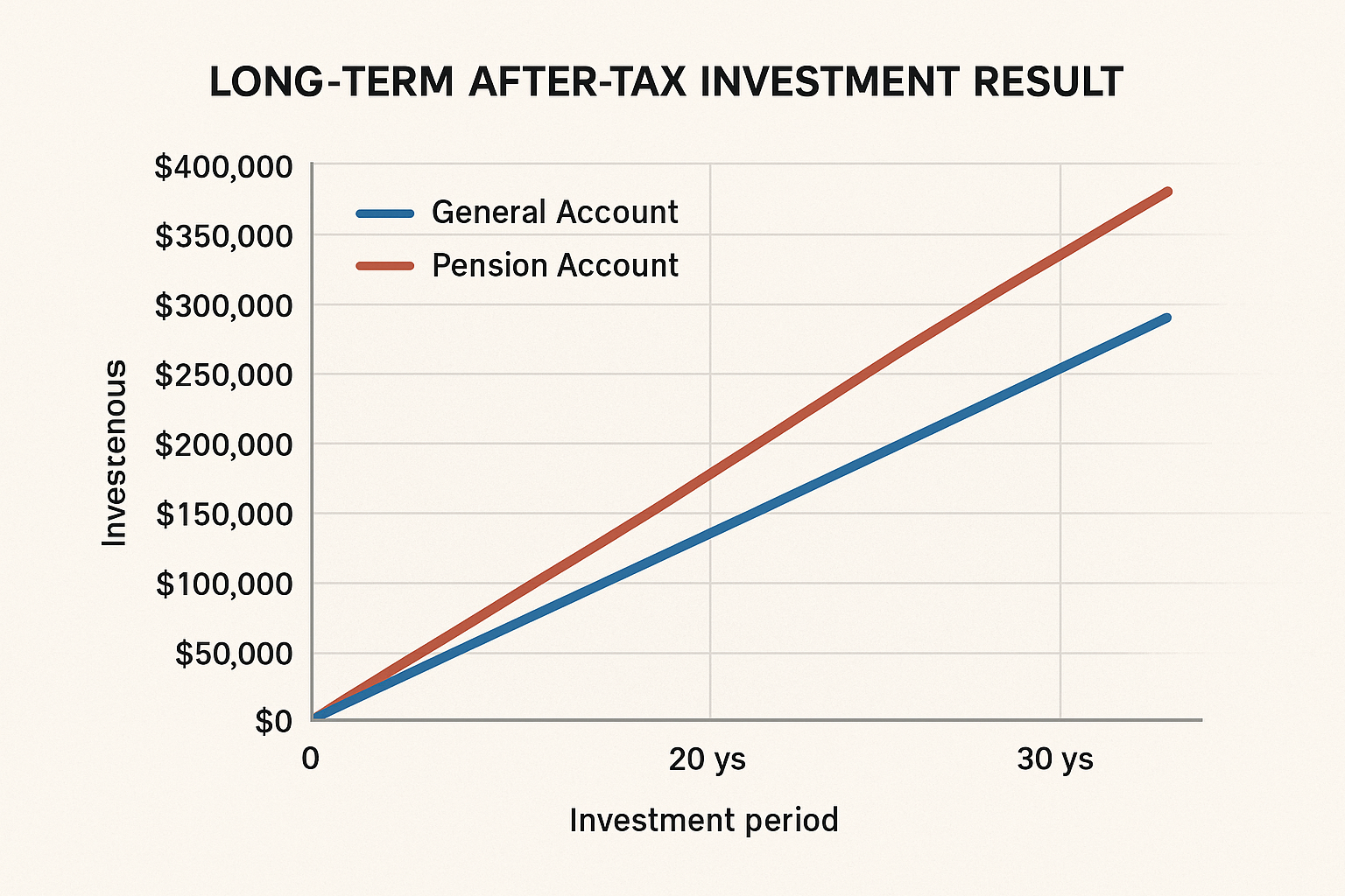 일반 계좌와 연금계좌의 장기 세후 수익 비교 그래프