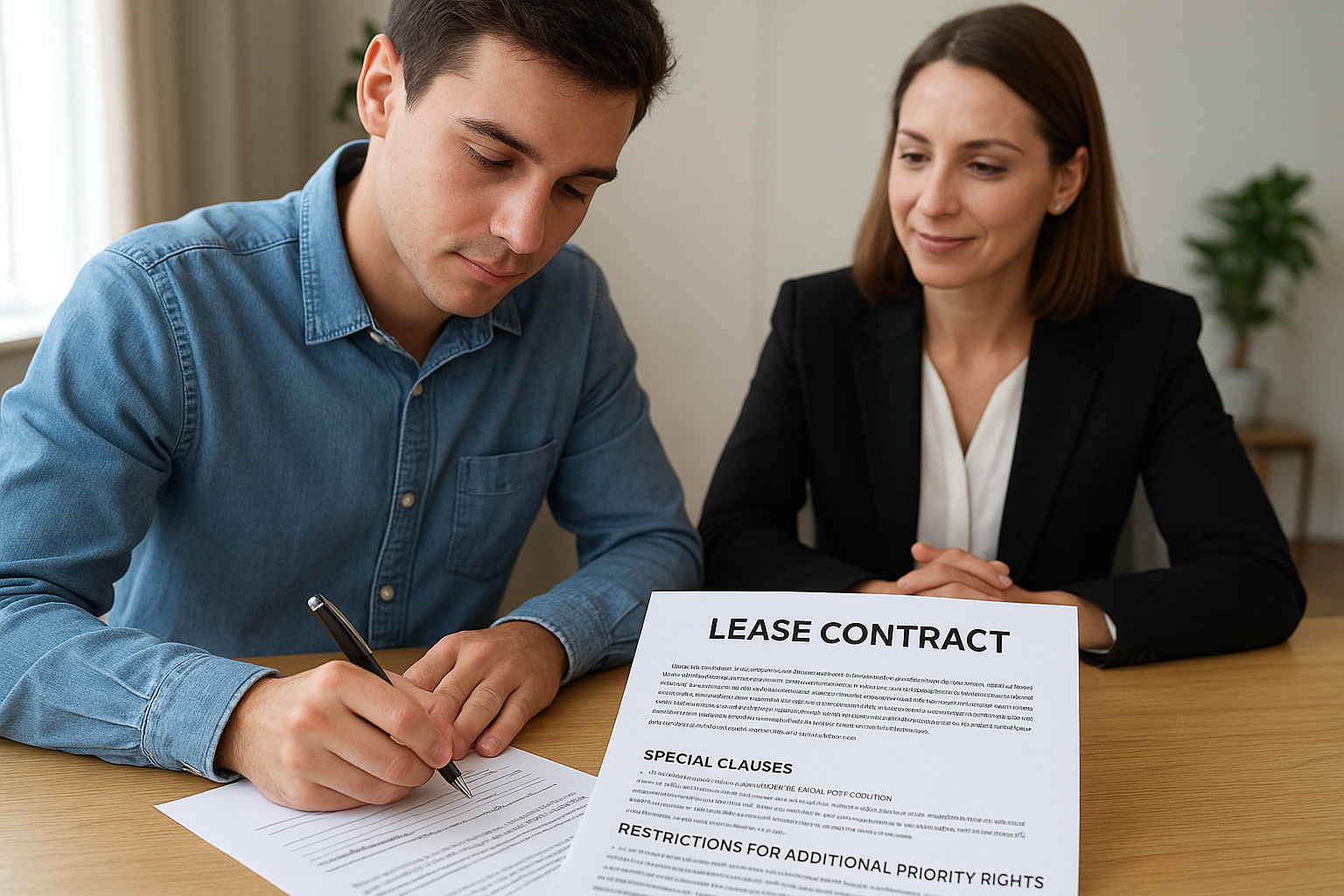 청년이 전세 계약서에 특약 조항을 꼼꼼히 확인하며 서명하는 모습