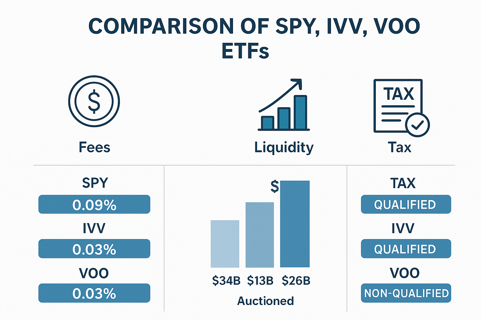 SPY, IVV, VOO 미국 S&P500 ETF들의 보수, 유동성, 배당, 세금 차이를 보여주는 인포그래픽 이미지