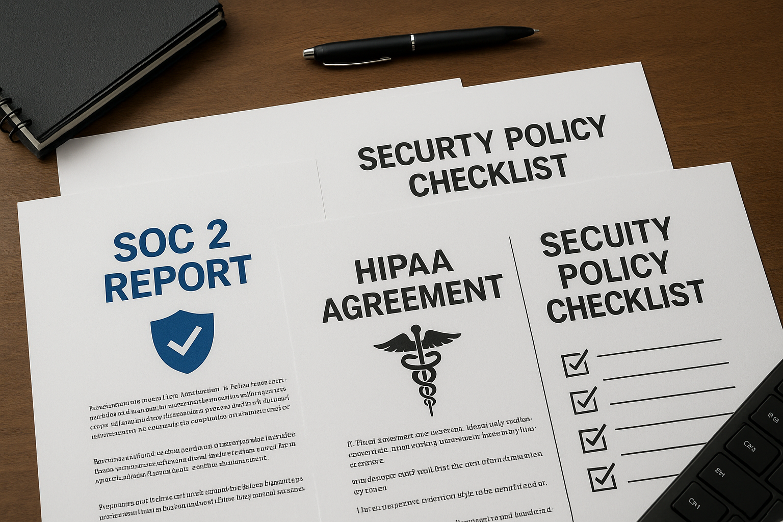SOC 2 보고서, HIPAA 계약서, 보안 정책 체크리스트가 펼쳐진 기업 컴플라이언스 문서 자료