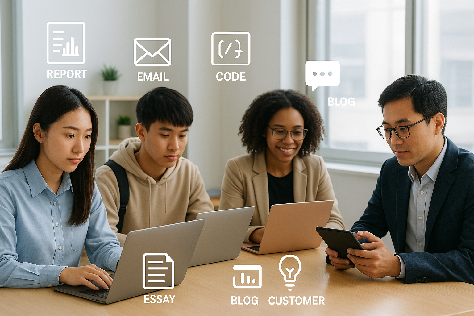 한국 직장인, 학생, 1인 사업자가 AI 챗봇을 활용하는 다양한 업무와 학습 상황을 보여주는 이미지