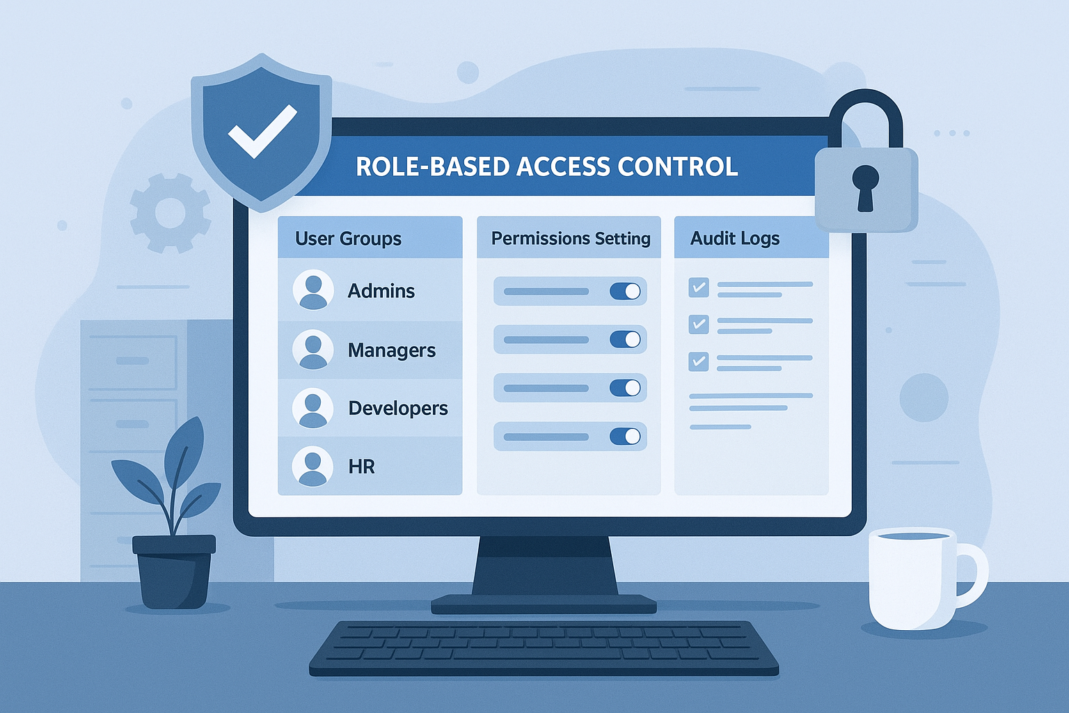 컴퓨터 화면에 역할 기반 권한 관리 인터페이스와 보안 아이콘이 나타나 있는 모습