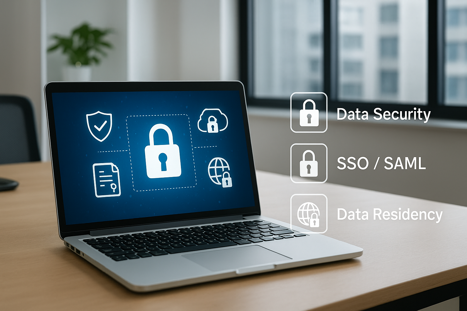 기업용 요금제의 최고 수준 보안과 컴플라이언스 기능을 나타내는 암호화 데이터 아이콘이 떠 있는 현대적 사무실 환경