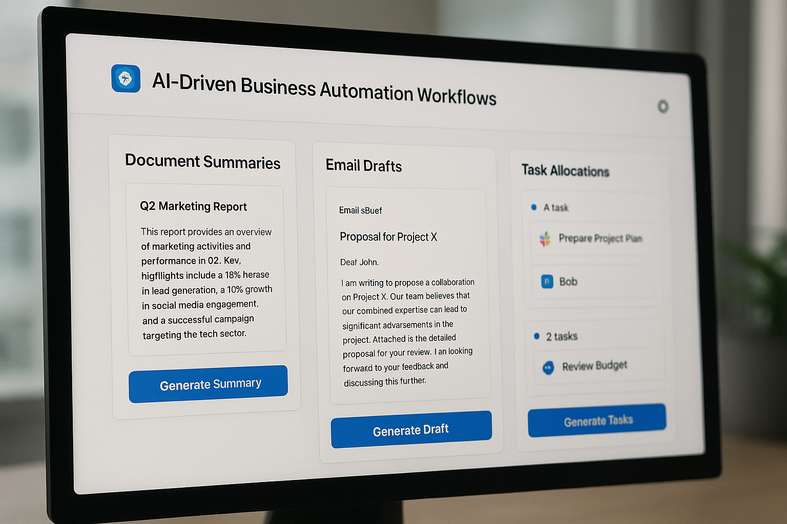 컴퓨터 화면에 AI가 자동으로 업무 프로세스를 처리하는 워크플로우가 표시된 모습