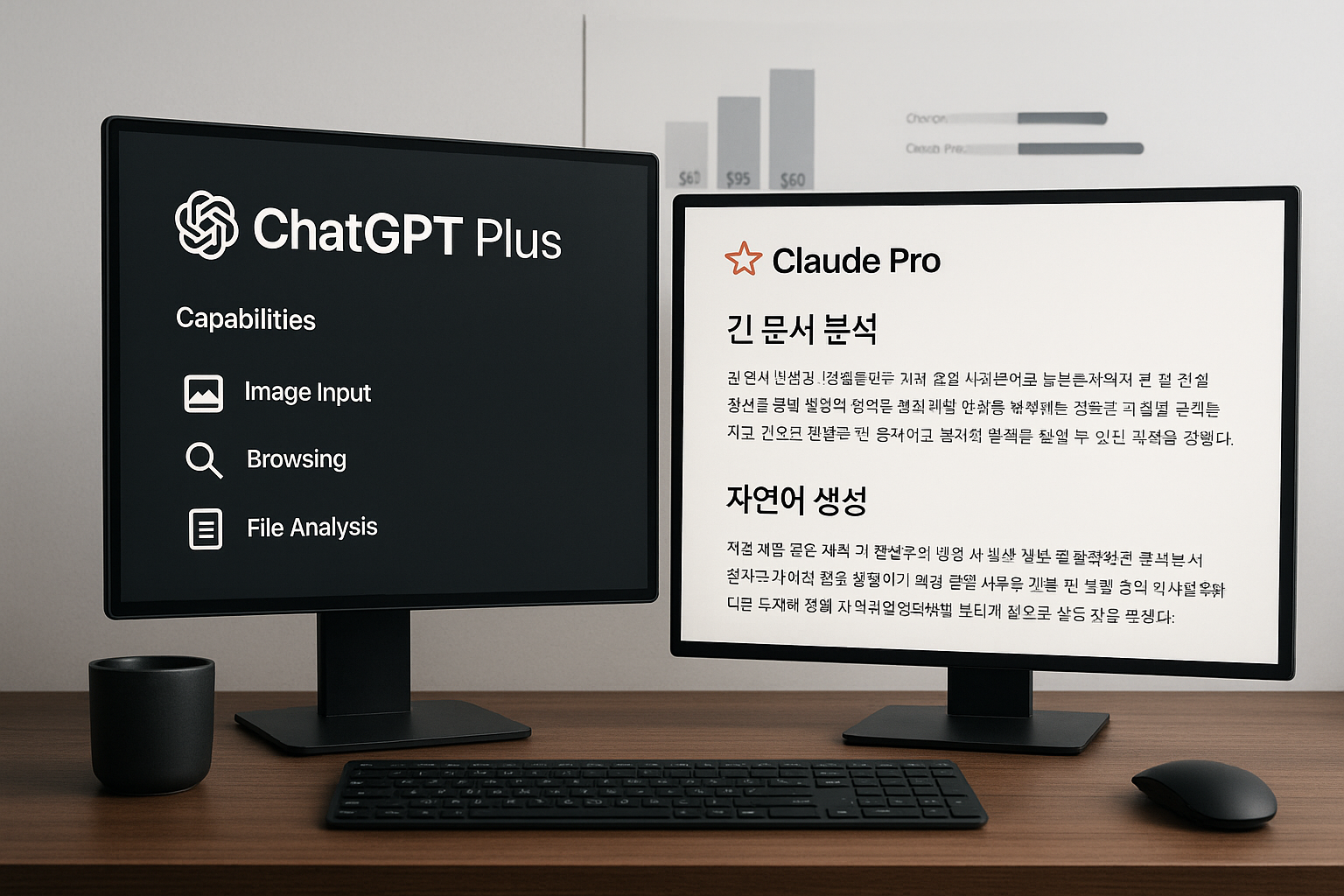 2026년 클로드 AI 챗GPT Plus와 Claude Pro 가격과 기능 비교를 시각적으로 표현한 모던한 사무 공간 이미지