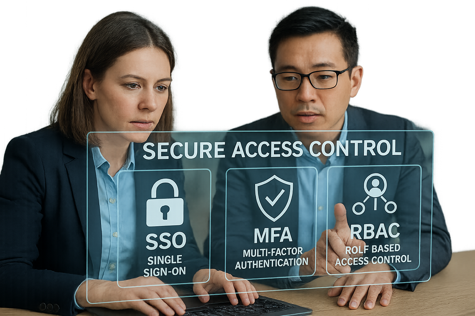 SSO, MFA, RBAC 역할 할당이 표시된 보안 액세스 통제 시스템 작업 중인 전문가들