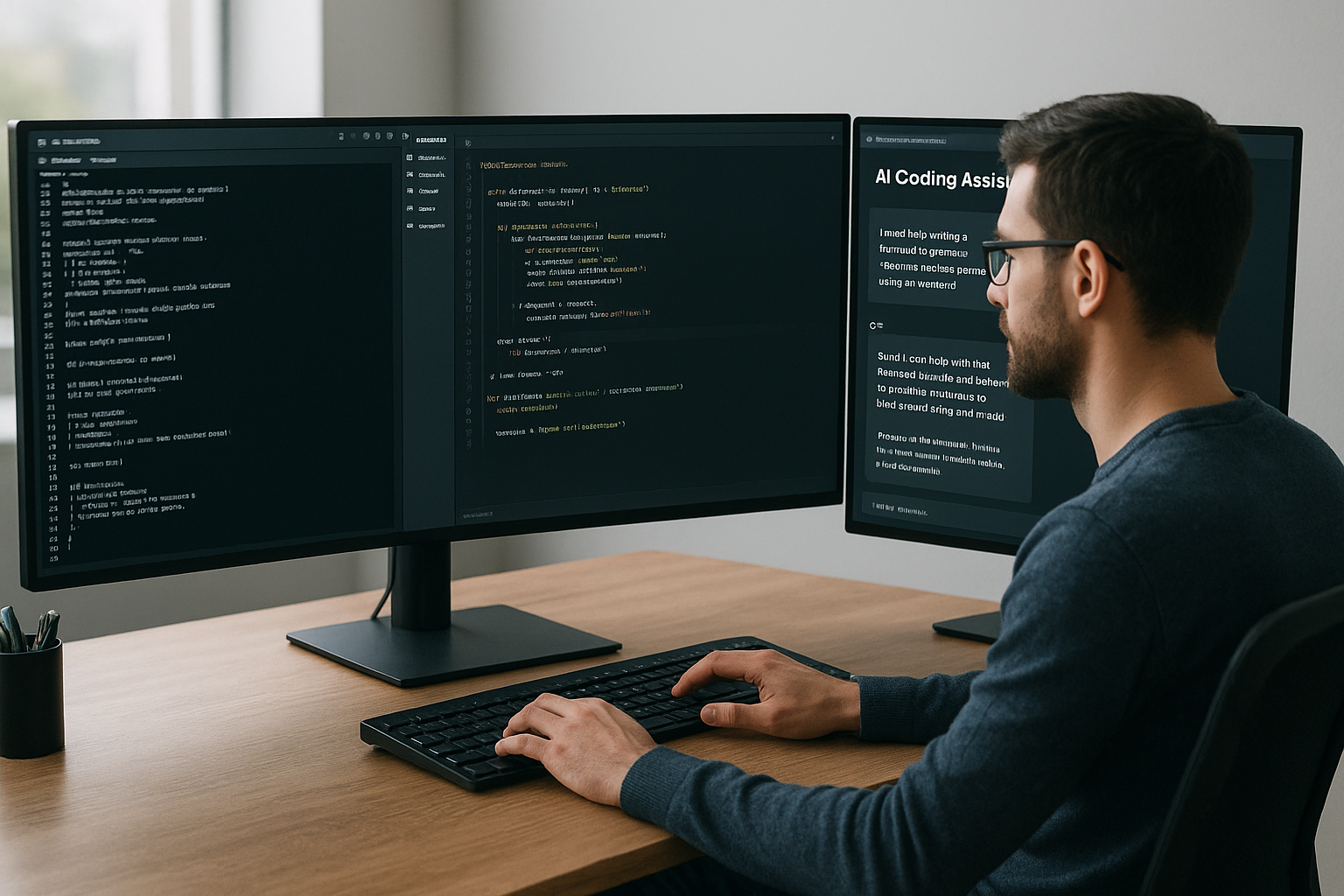 프로그래머가 AI 코딩 도우미와 함께 터미널과 IDE, 채팅 창을 사용하는 현대적 개발자 작업 공간
