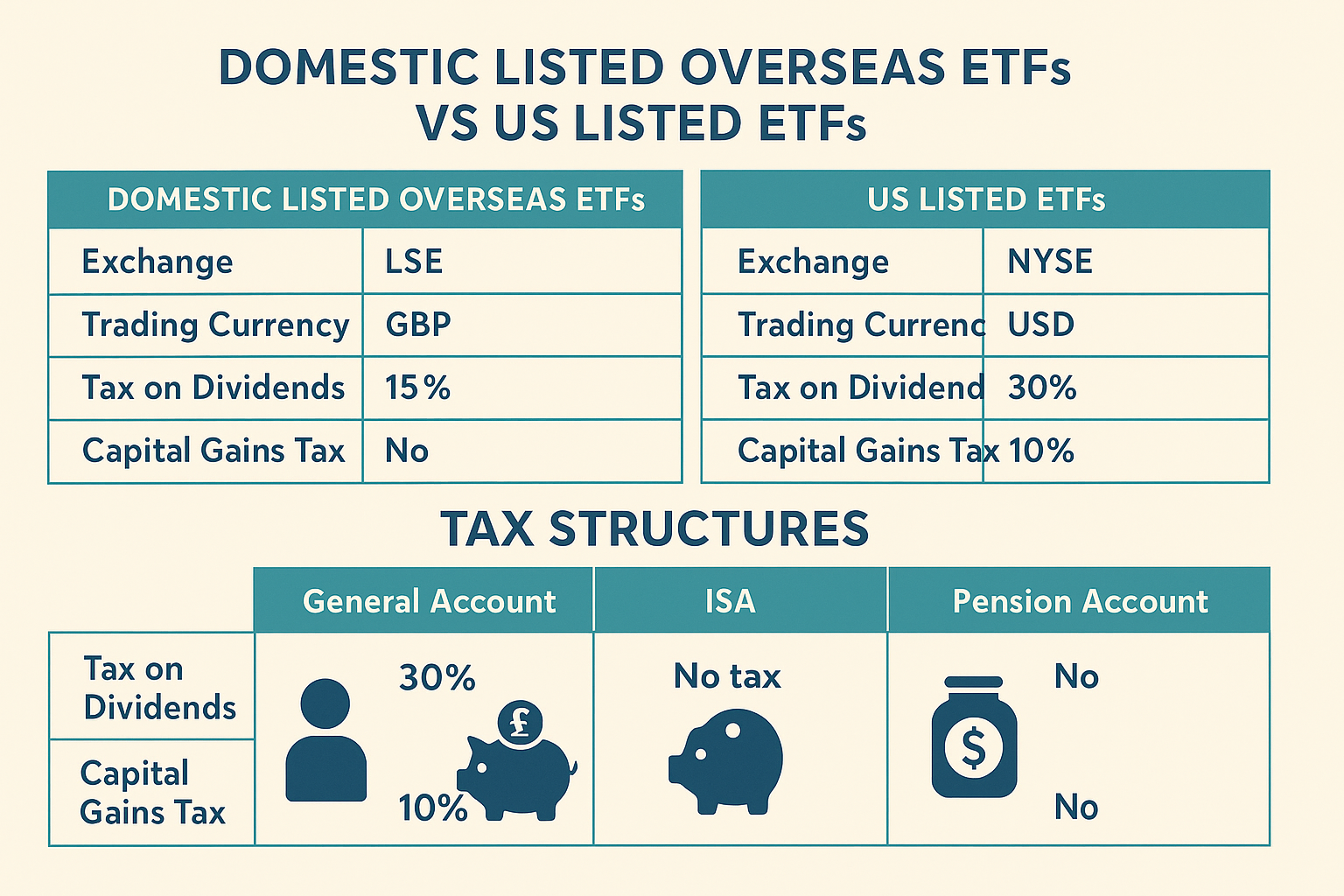 국내 상장 해외 ETF와 미국 상장 ETF, 계좌 유형별 세금 비교 표 인포그래픽