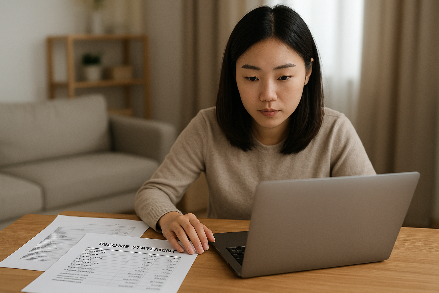 프리랜서 청년이 집에서 소득 증빙 서류를 준비하는 모습