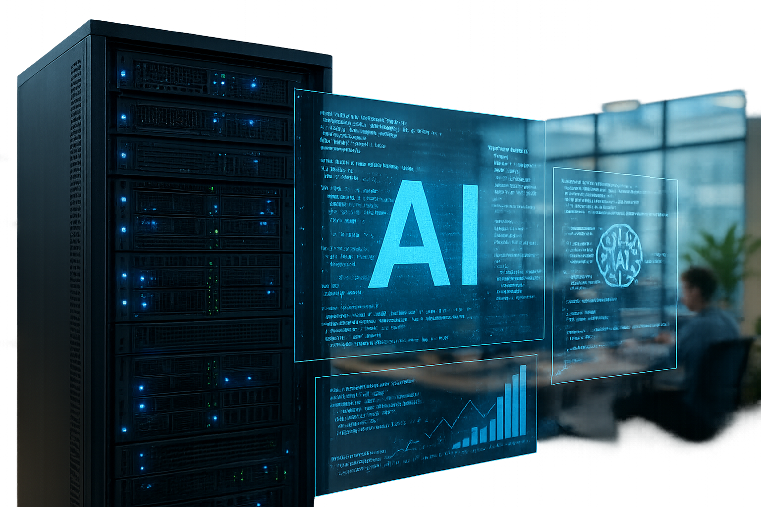 AI 스타트업 회사의 서버와 디지털 스크린에 비친 AI 코드 구현 모습