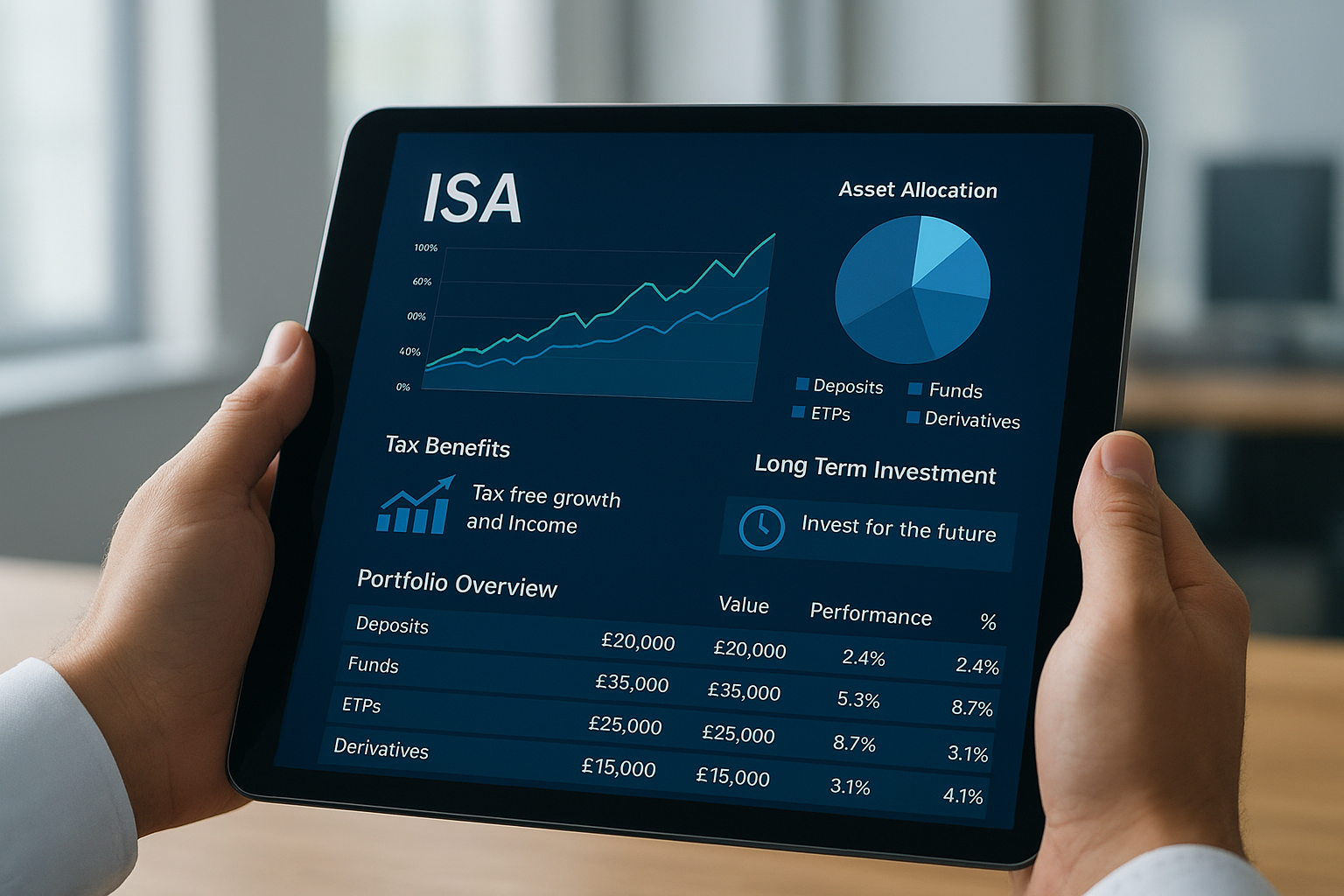 ISA 계좌의 다양한 투자 상품과 세제 혜택을 보여주는 디지털 자산 관리 이미지