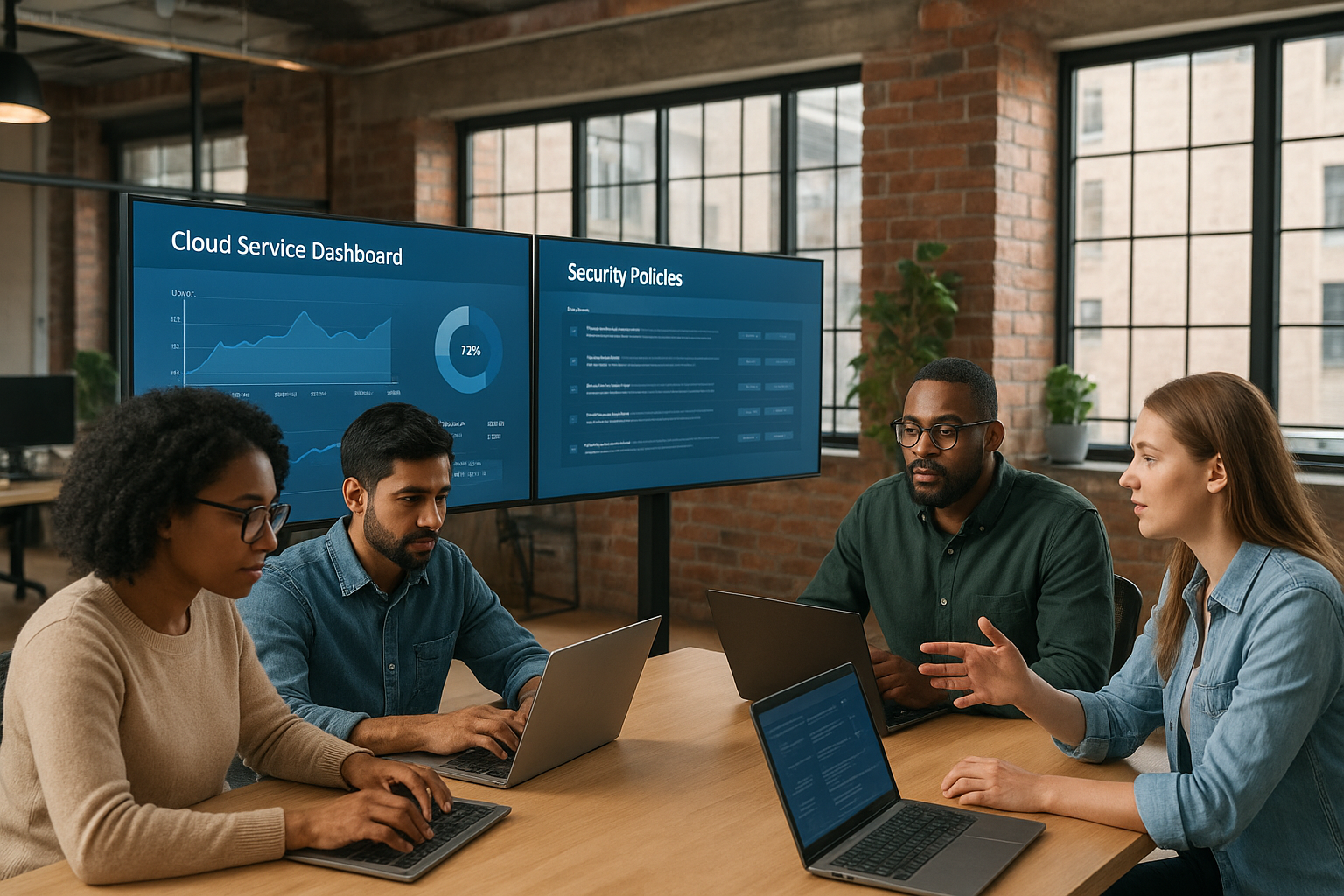 스타트업 사무실에서 협업하는 팀원들이 클라우드 서비스와 보안 정책 대시보드를 보는 모습