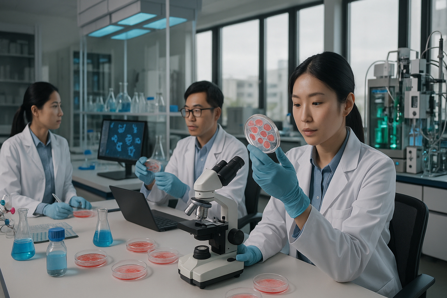 한국의 바이오·제약 산업 현장의 현대적인 연구실과 과학자들