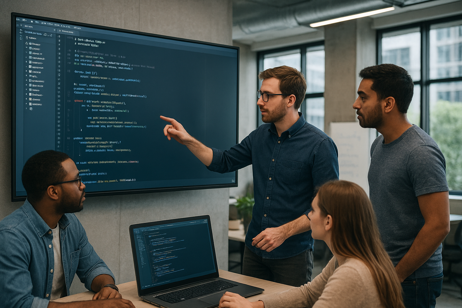 코드 보안과 오픈소스 협업 문화를 논의하는 현대적 사무실의 소프트웨어 개발팀