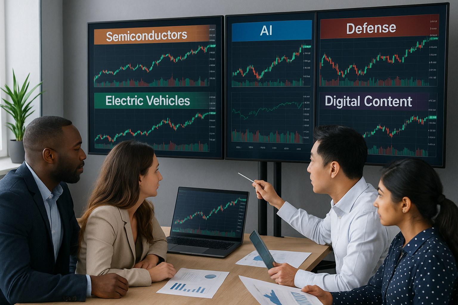 30~40대 투자자들이 한국 주식 인기 종목과 섹터별 데이터를 분석하는 모습