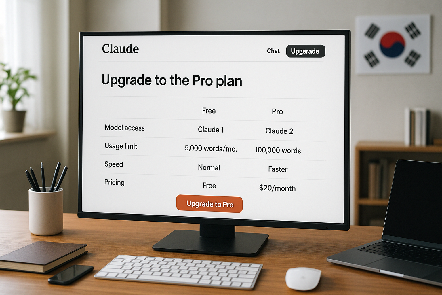 클로드 AI 무료 플랜과 Pro 플랜 기능 비교와 업그레이드 메뉴가 보이는 컴퓨터 화면 이미지