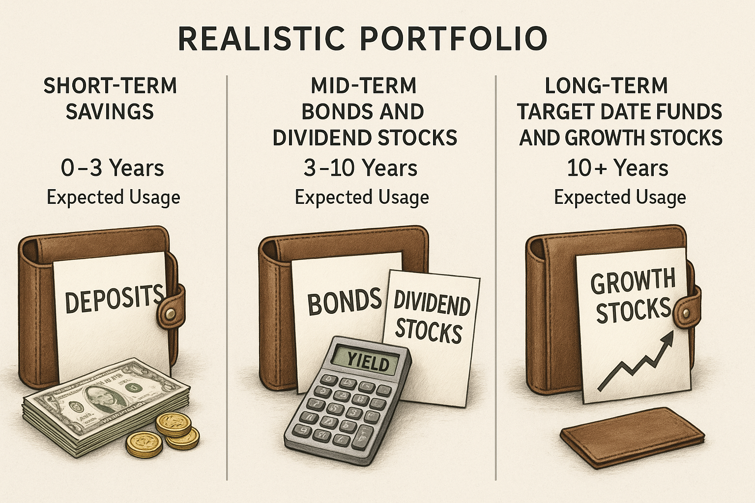 짧은 기간부터 장기까지 다양한 자산군으로 나눈 퇴직연금 포트폴리오 구성을 보여주는 이미지