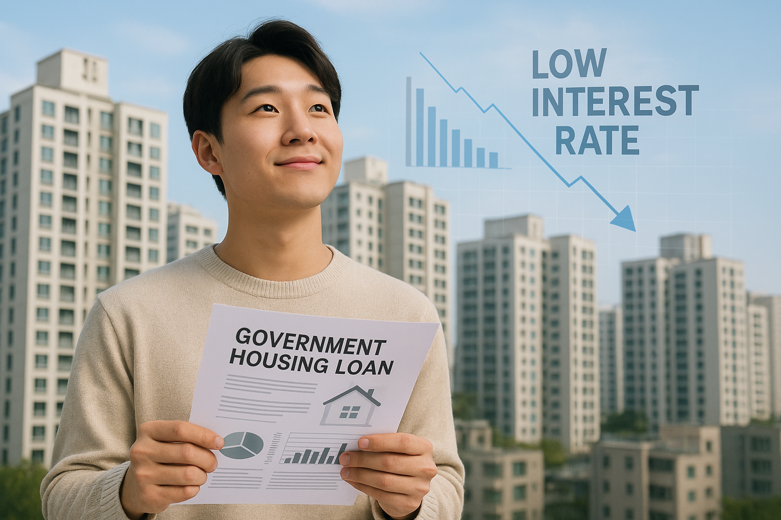 청년이 전세자금대출 정보를 확인하며 희망을 갖는 모습