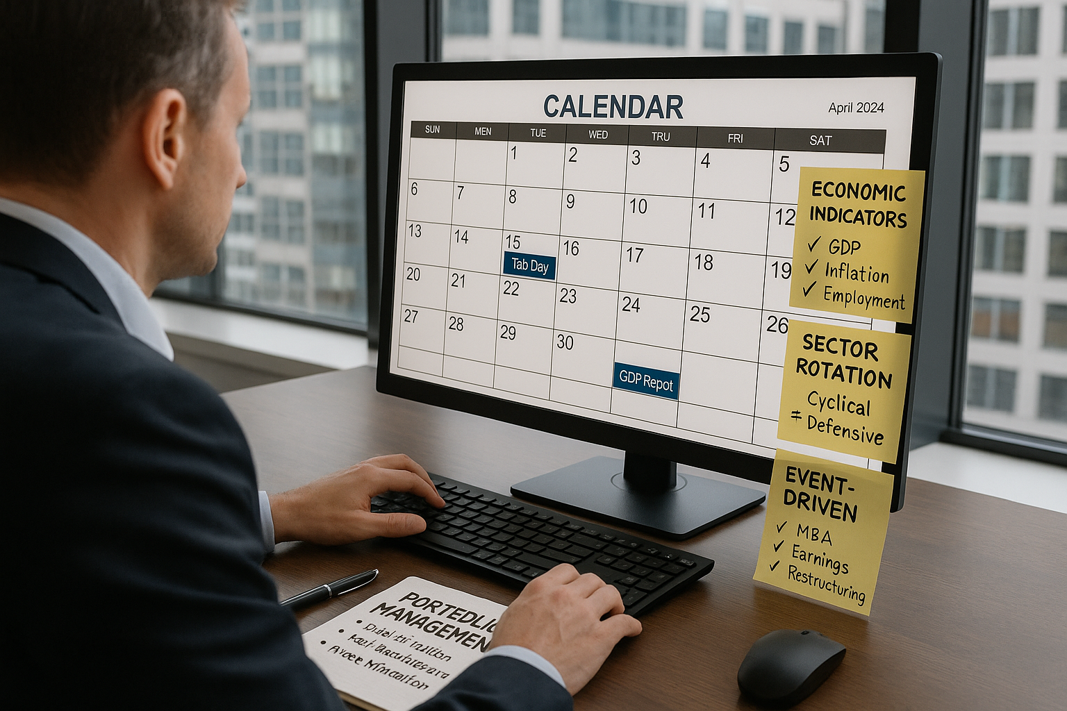 경제지표와 섹터 로테이션, 이벤트 드리븐 투자 전략을 확인하는 포트폴리오 관리 이미지