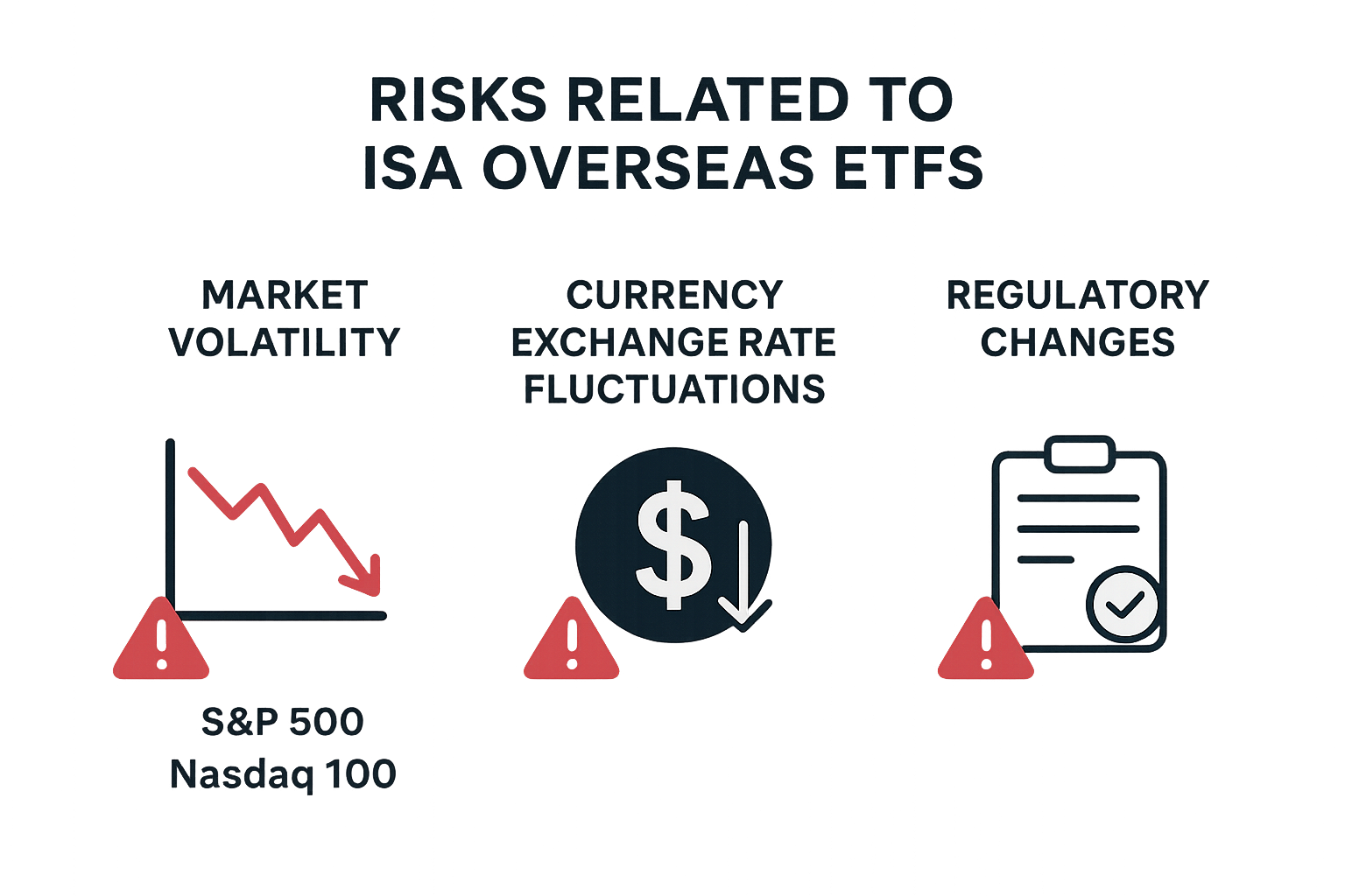 ISA 해외 ETF 투자 시 리스크 요인들을 시각화한 인포그래픽.
