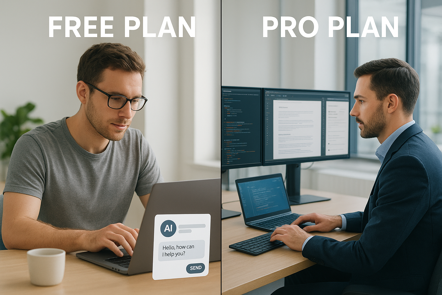 클로드 AI 무료 플랜과 프로 플랜을 사용하는 두 명의 사용자를 비교하는 이미지