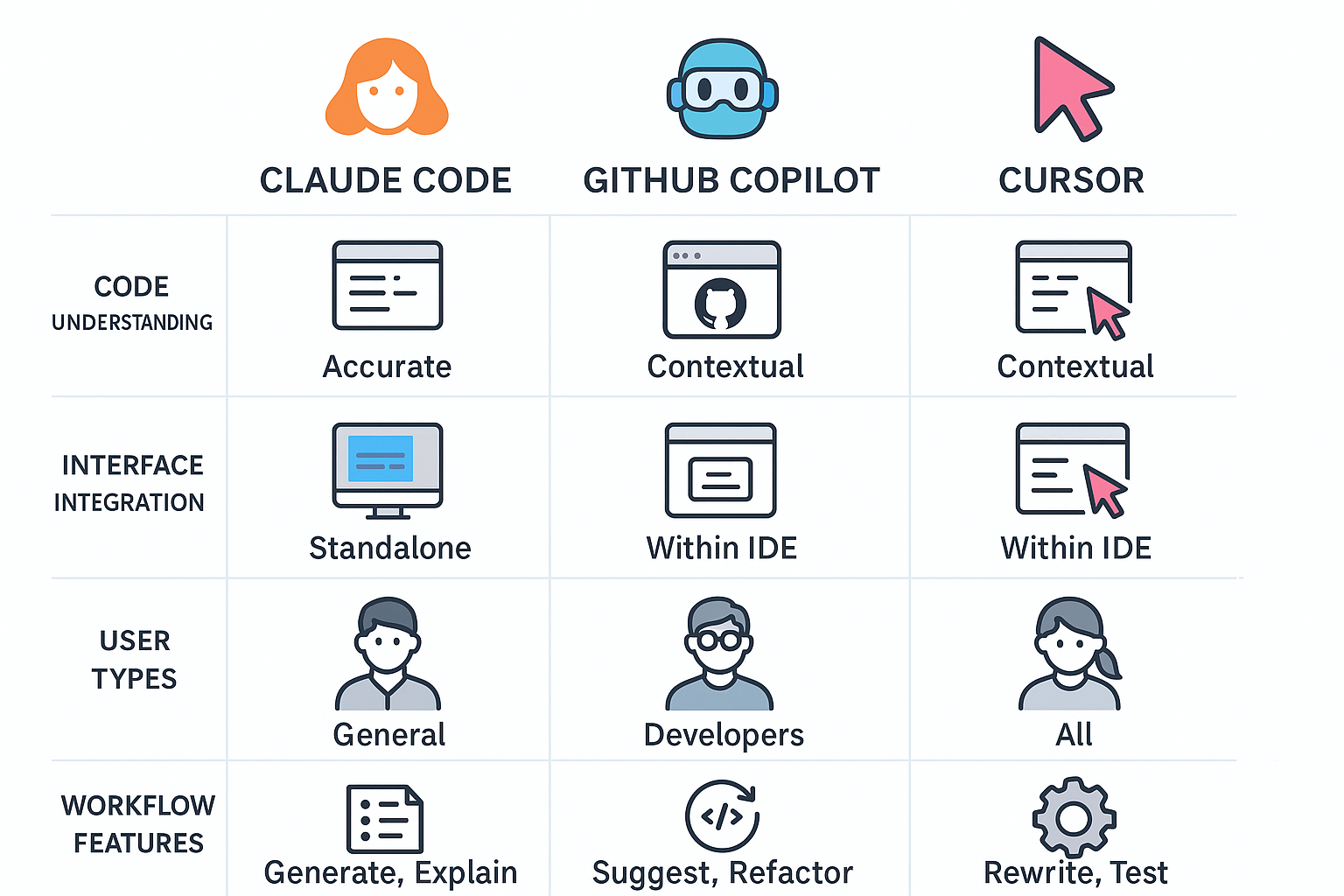클로드 코드, GitHub Copilot, Cursor 세 도구의 특징과 차이를 비교하는 인포그래픽